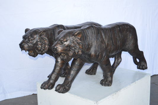 Pair Of Tigers Bronze Statues -  Size: 52"L x 10"W x 21"H.