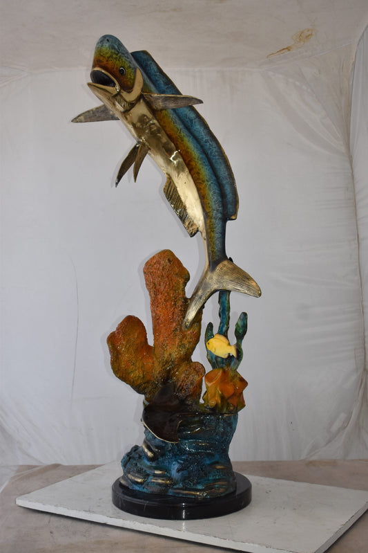 Large Mahi Mahi Dorado on A Coral Bronze Statue Size: 24" x 18" x 49"H