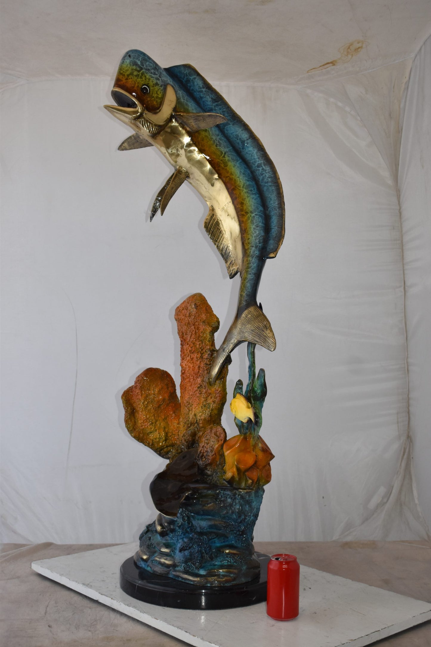 Large Mahi Mahi Dorado on A Coral Bronze Statue Size: 24" x 18" x 49"H