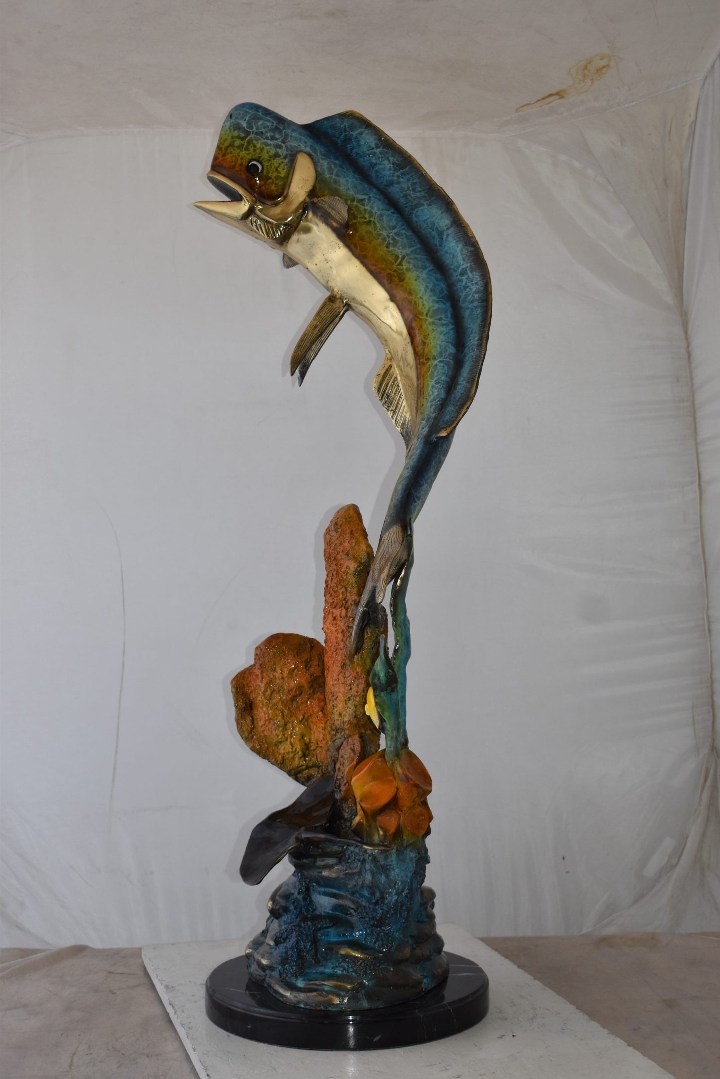 Large Mahi Mahi Dorado on A Coral Bronze Statue Size: 24" x 18" x 49"H