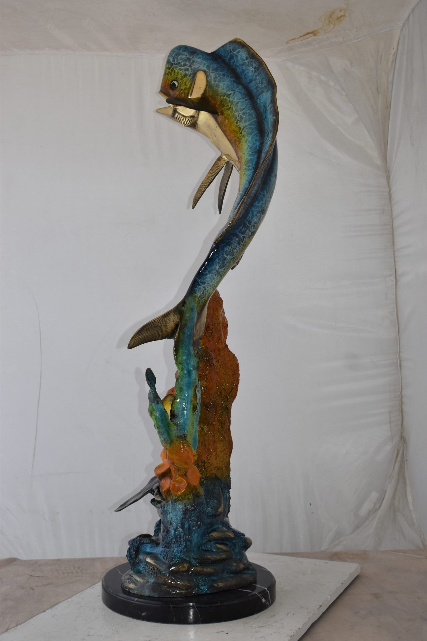 Large Mahi Mahi Dorado on A Coral Bronze Statue Size: 24" x 18" x 49"H