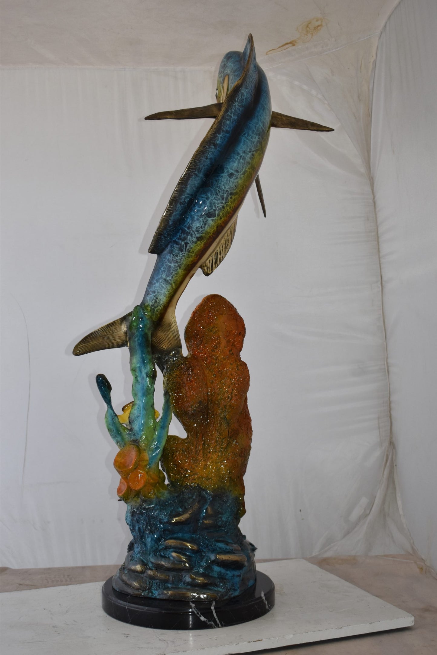 Large Mahi Mahi Dorado on A Coral Bronze Statue Size: 24" x 18" x 49"H