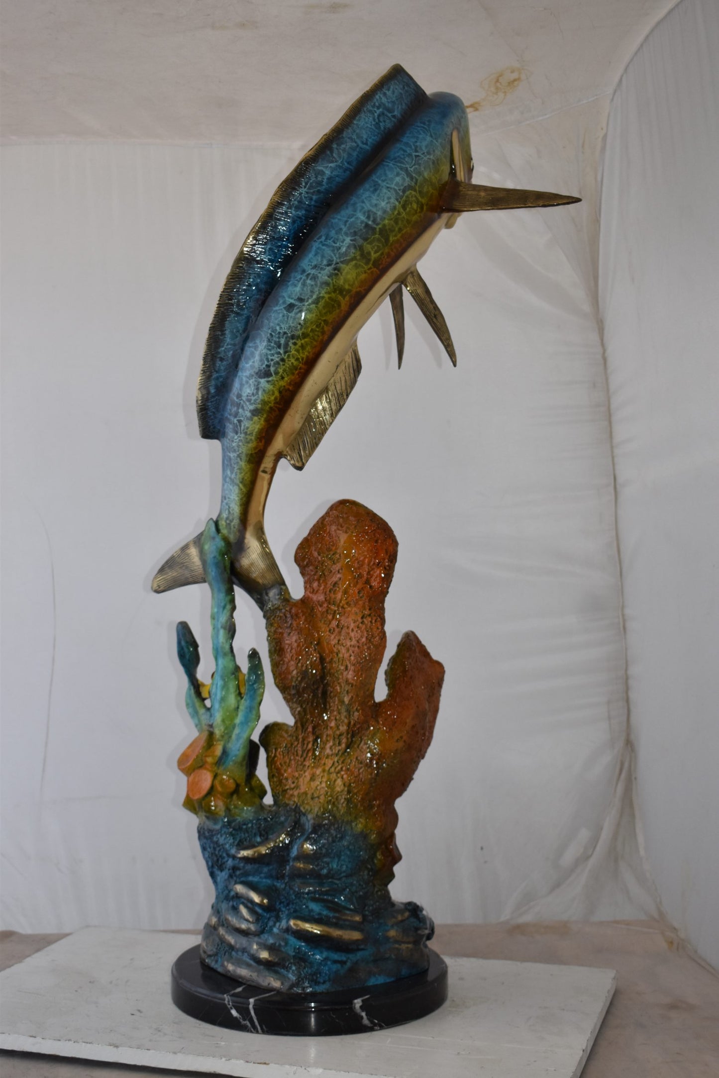 Large Mahi Mahi Dorado on A Coral Bronze Statue Size: 24" x 18" x 49"H