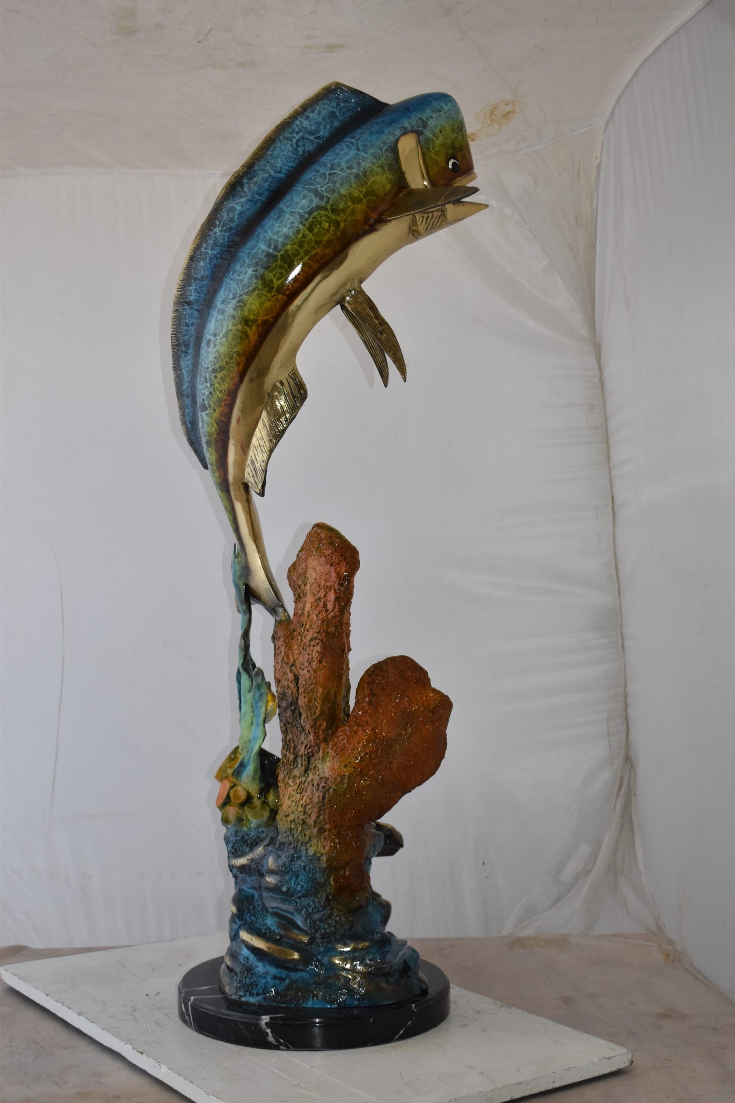 Large Mahi Mahi Dorado on A Coral Bronze Statue Size: 24" x 18" x 49"H