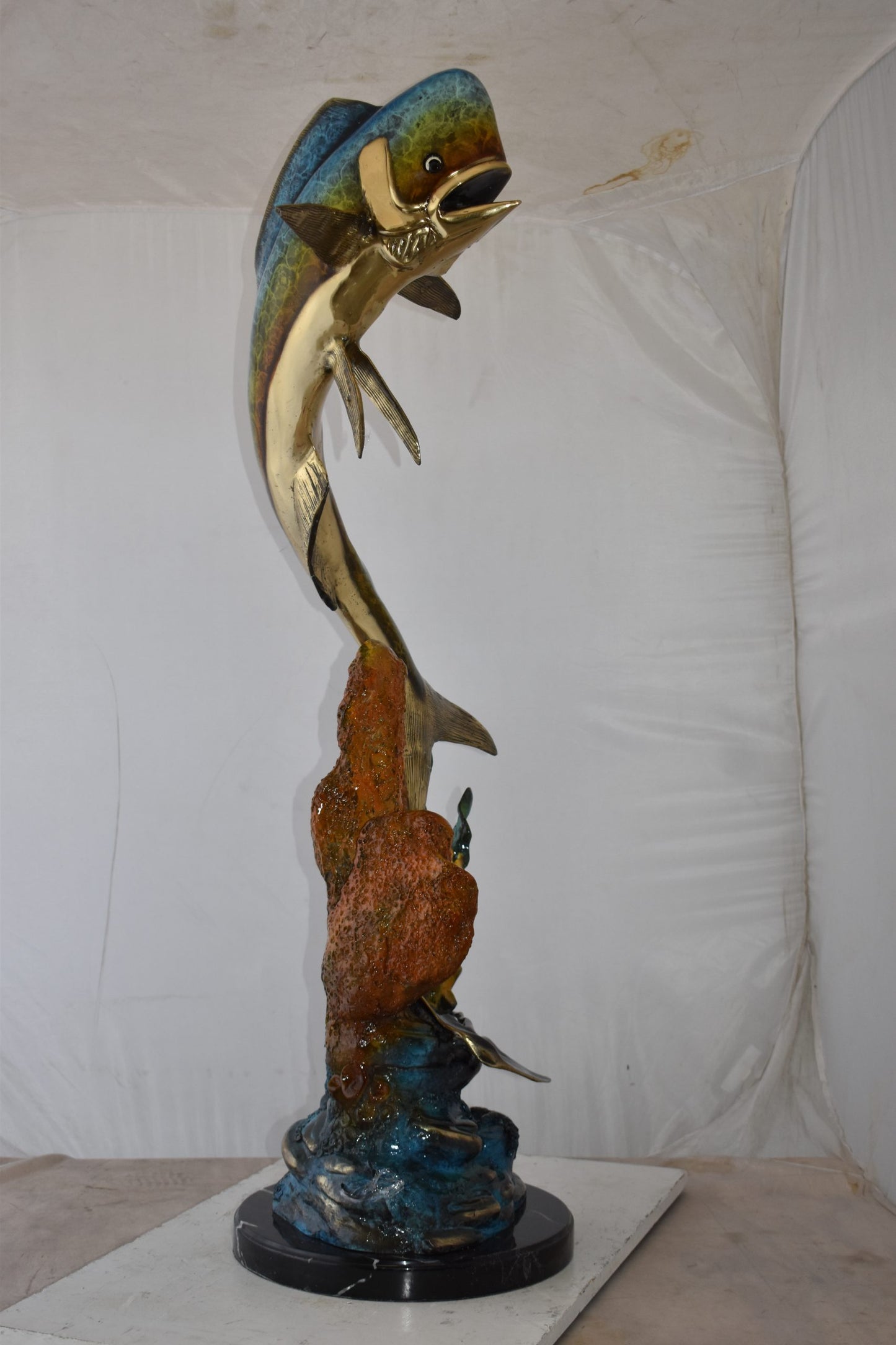Large Mahi Mahi Dorado on A Coral Bronze Statue Size: 24" x 18" x 49"H