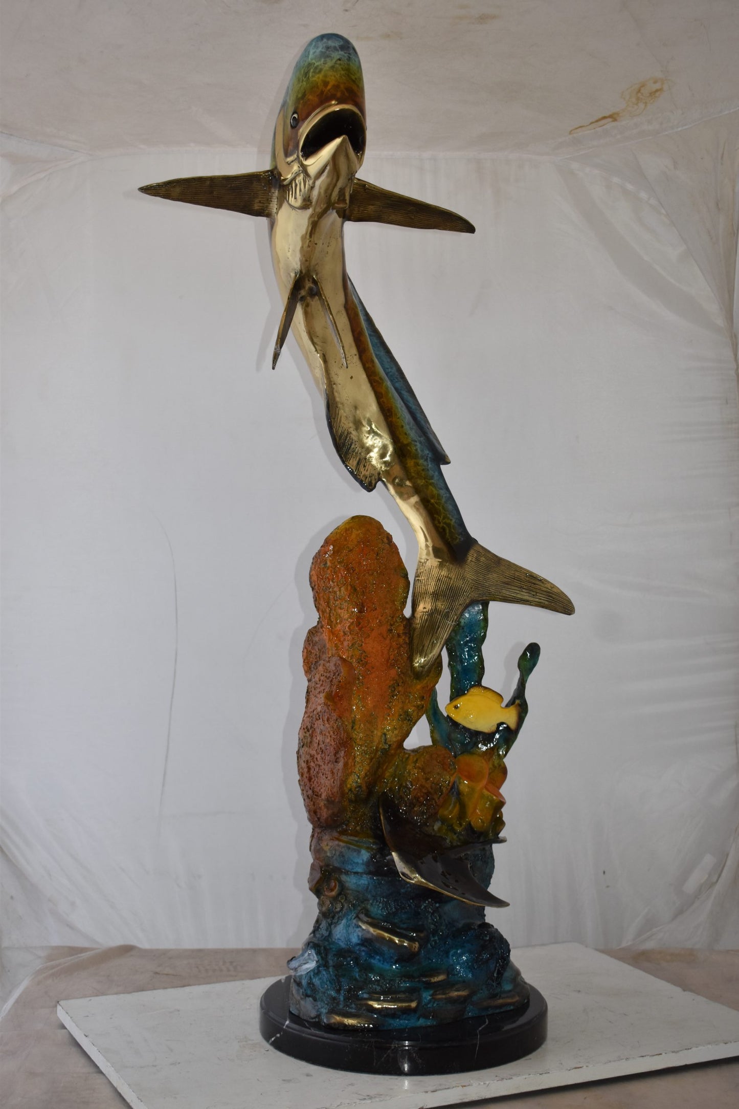 Large Mahi Mahi Dorado on A Coral Bronze Statue Size: 24" x 18" x 49"H