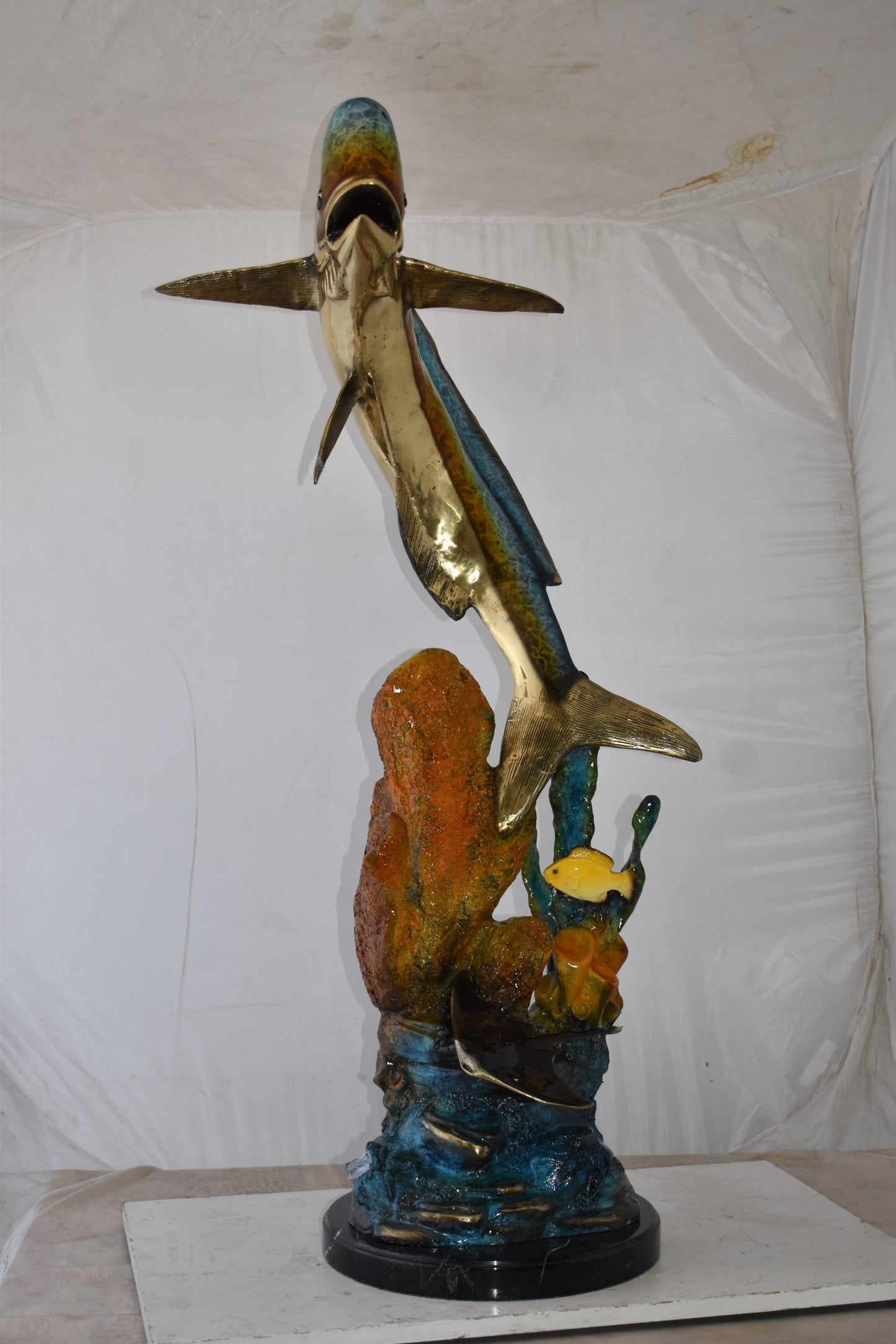 Large Mahi Mahi Dorado on A Coral Bronze Statue Size: 24" x 18" x 49"H