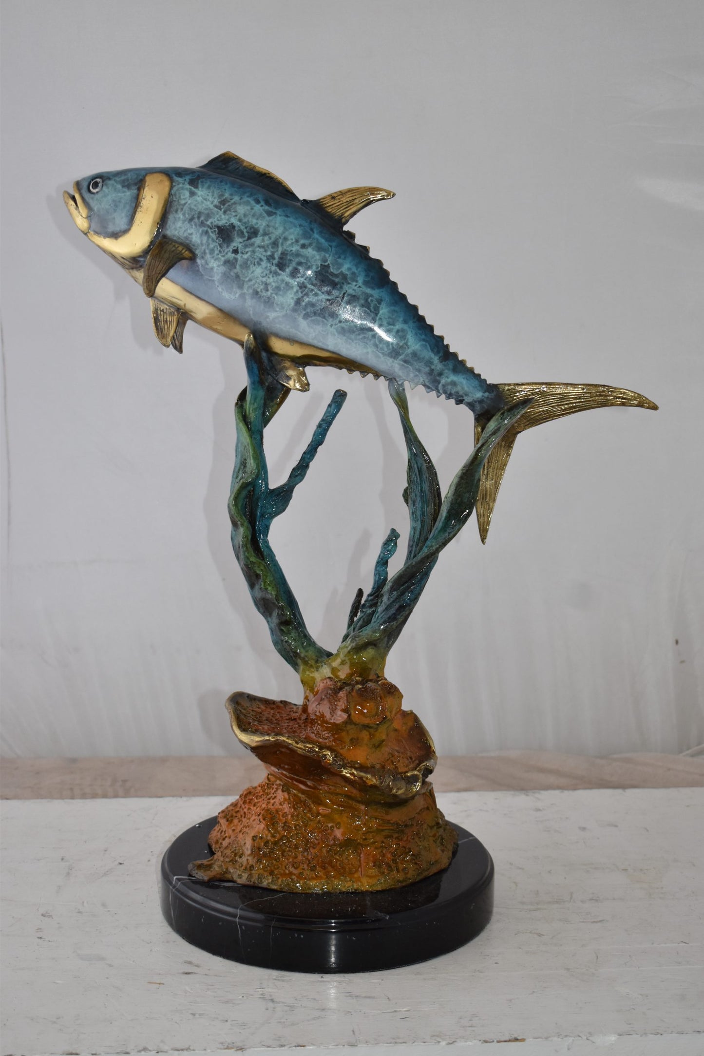 Tuna Fish Swimming in The Ocean Bronze Statue Size: 11" x 21" x 25"H