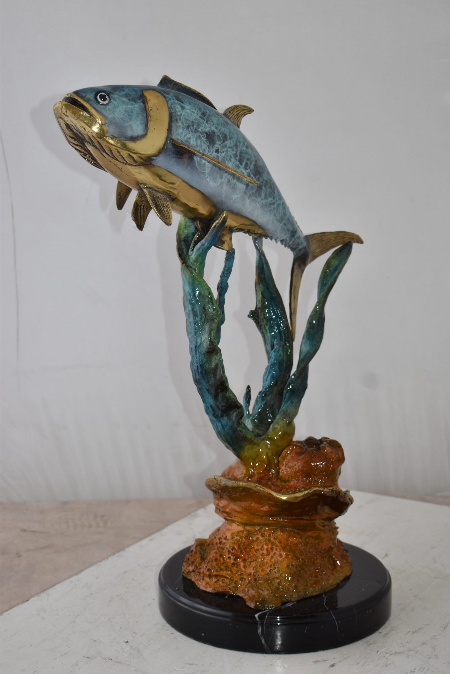 Tuna Fish Swimming in The Ocean Bronze Statue Size: 11" x 21" x 25"H
