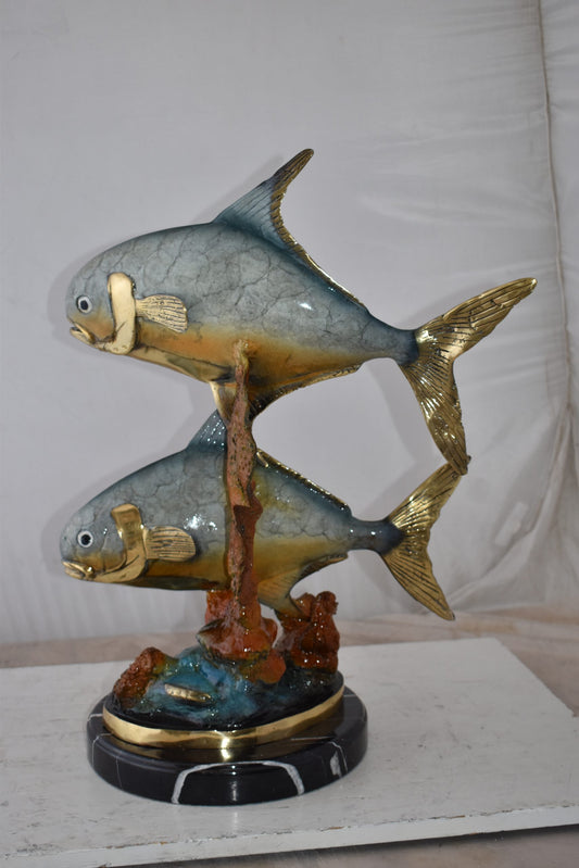 Two Permit Fish Swimming in The Ocean Bronze Statue Size: 13" x 19" x 25"H