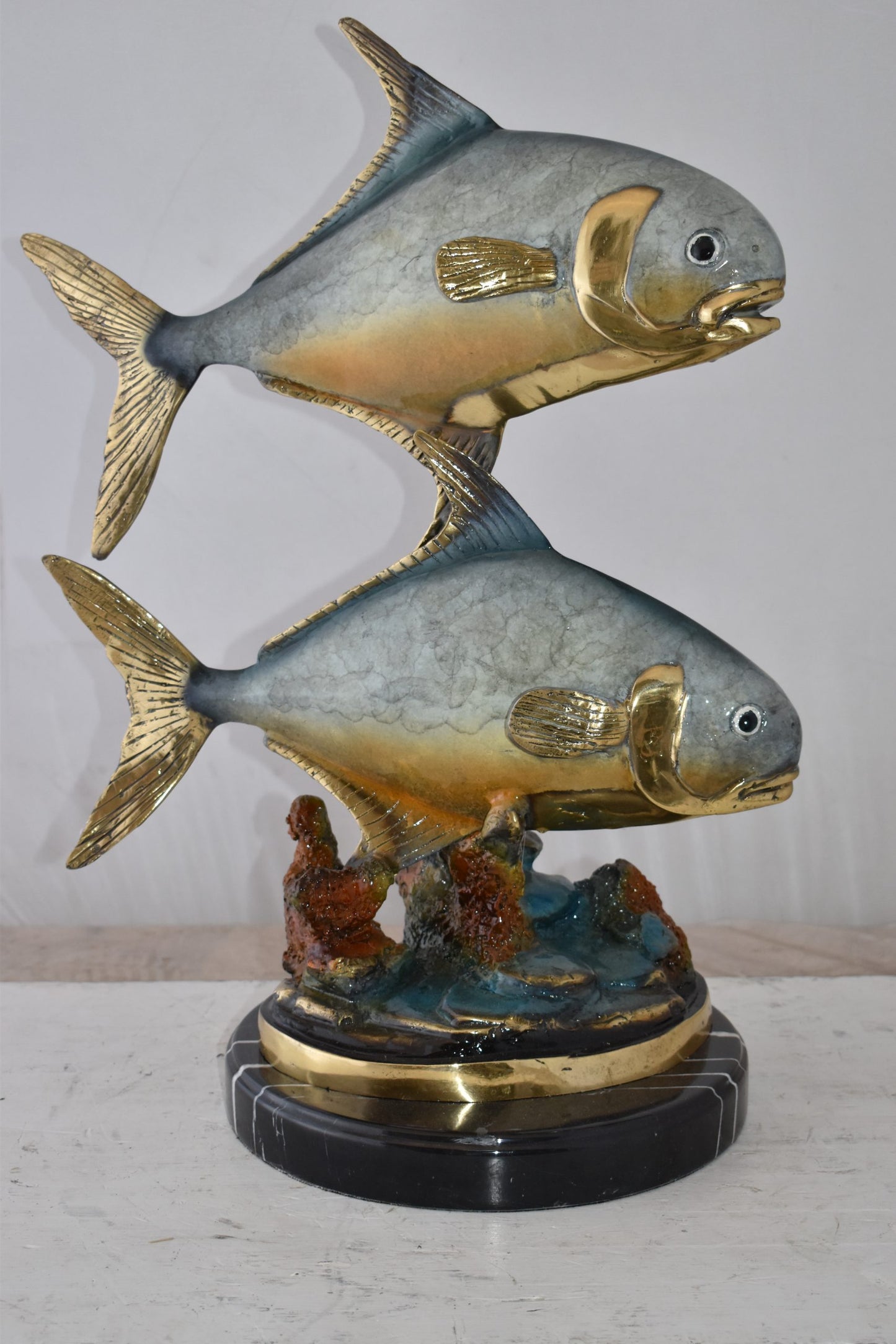 Two Permit Fish Swimming in The Ocean Bronze Statue Size: 13" x 19" x 25"H