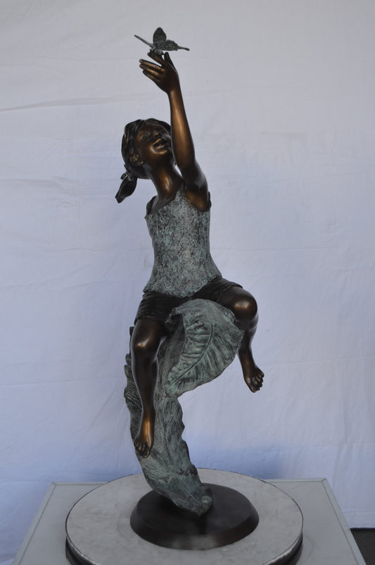 Girl on A Leaf Playing with Butterfly Bronze State -  Size: 27"L x 15"W x 45"H.