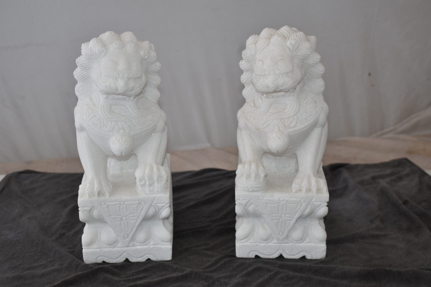 A Pair of Marble Statues of Foo Dogs Size: 5" x 6" x 12"H