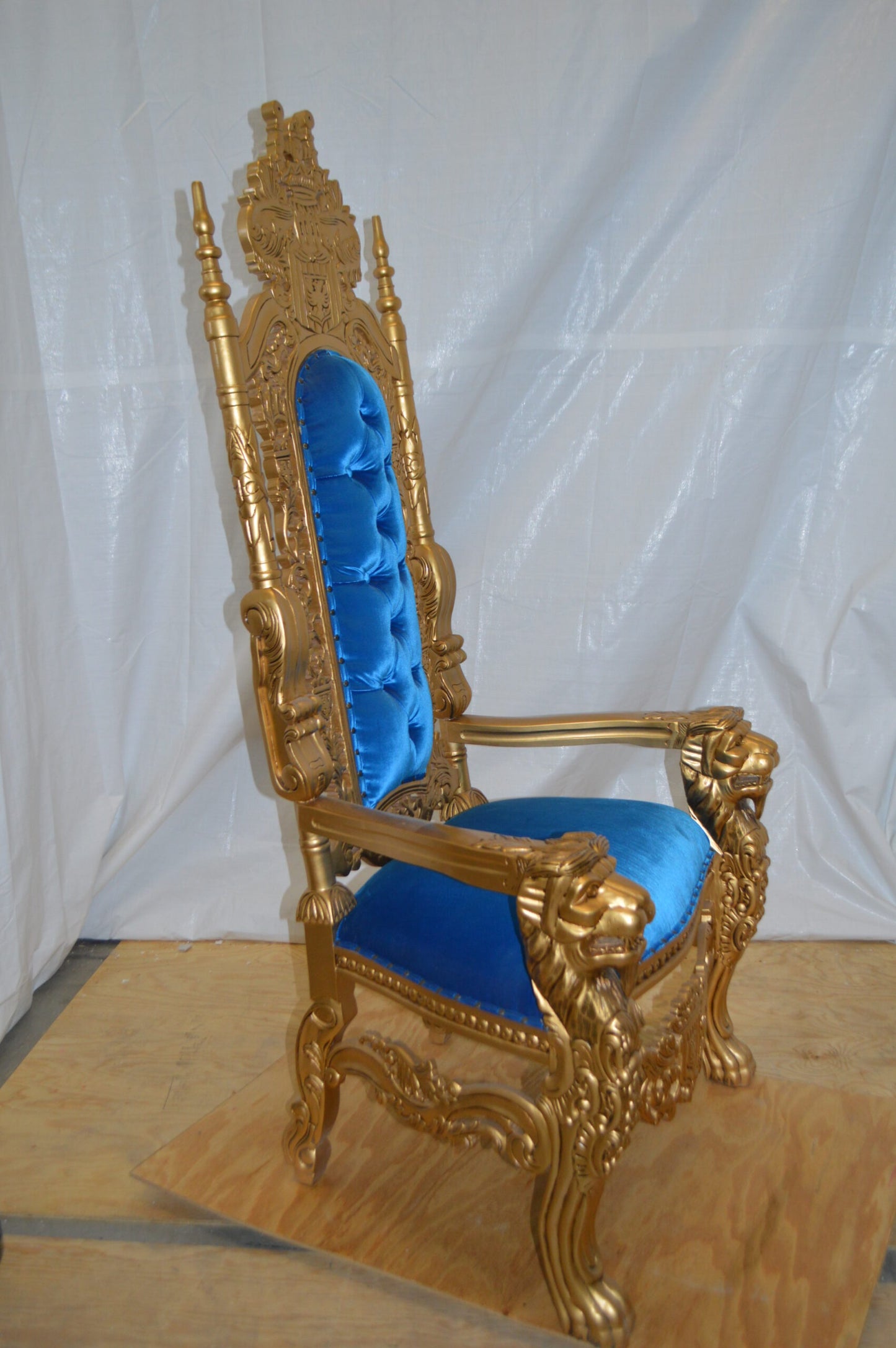 Gold and Blue Lion Chair - Size: 26"L x 36"W x 71"H.