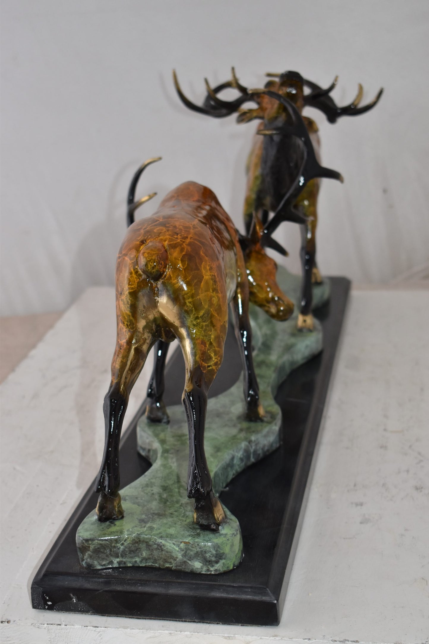 Fighting Deer Bronze Statue Mounted on a Marble Base Size: 32" x 8" x 14"H