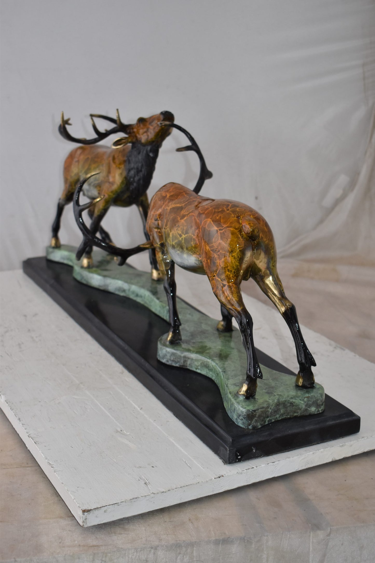 Fighting Deer Bronze Statue Mounted on a Marble Base Size: 32" x 8" x 14"H