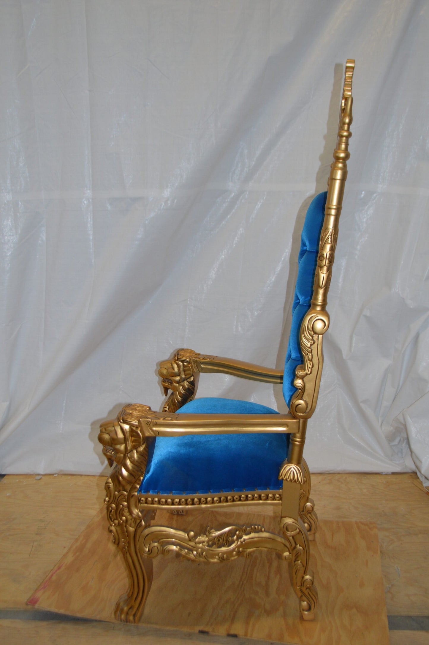 Gold and Blue Lion Chair - Size: 26"L x 36"W x 71"H.