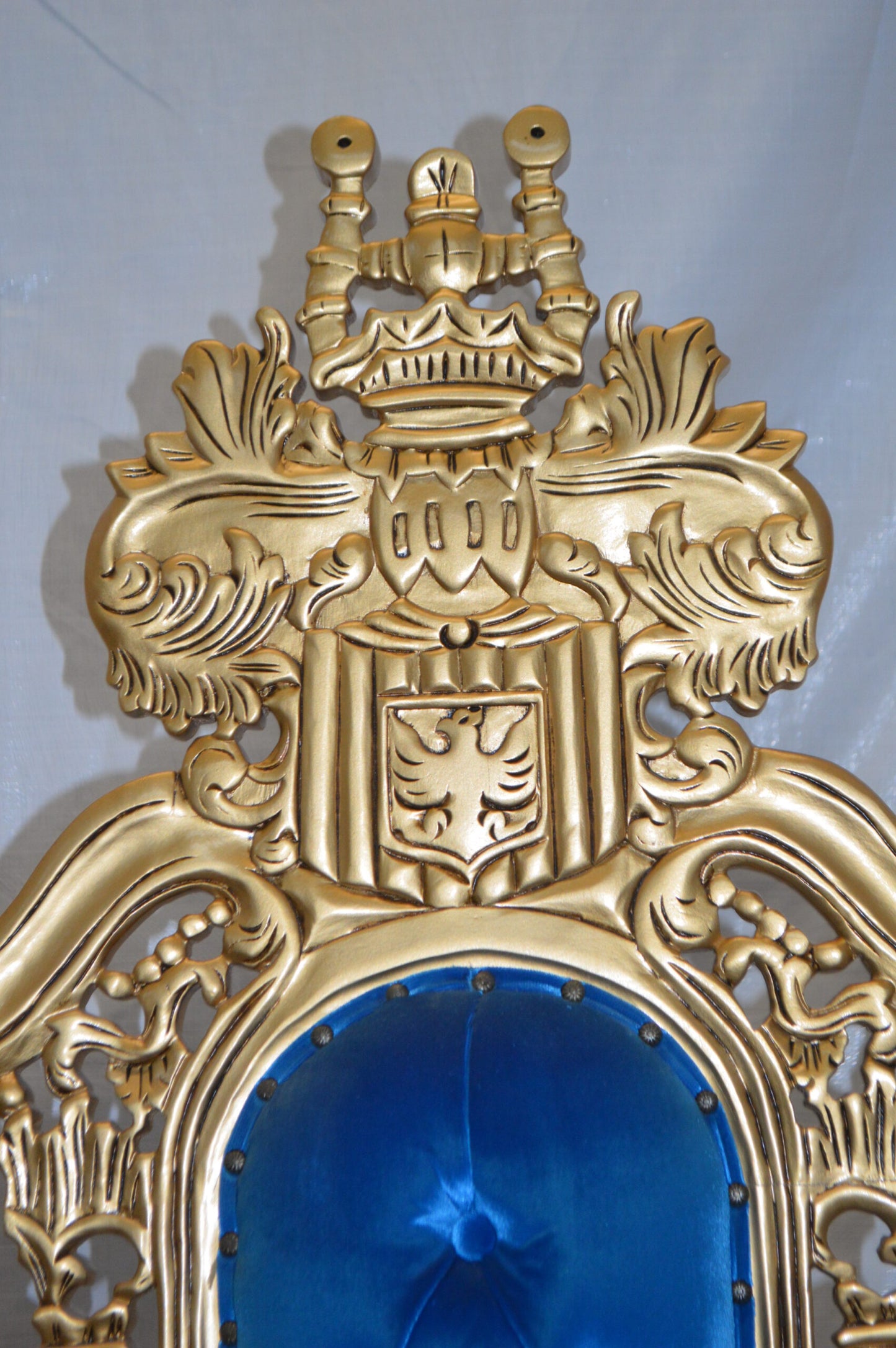 Gold and Blue Lion Chair - Size: 26"L x 36"W x 71"H.