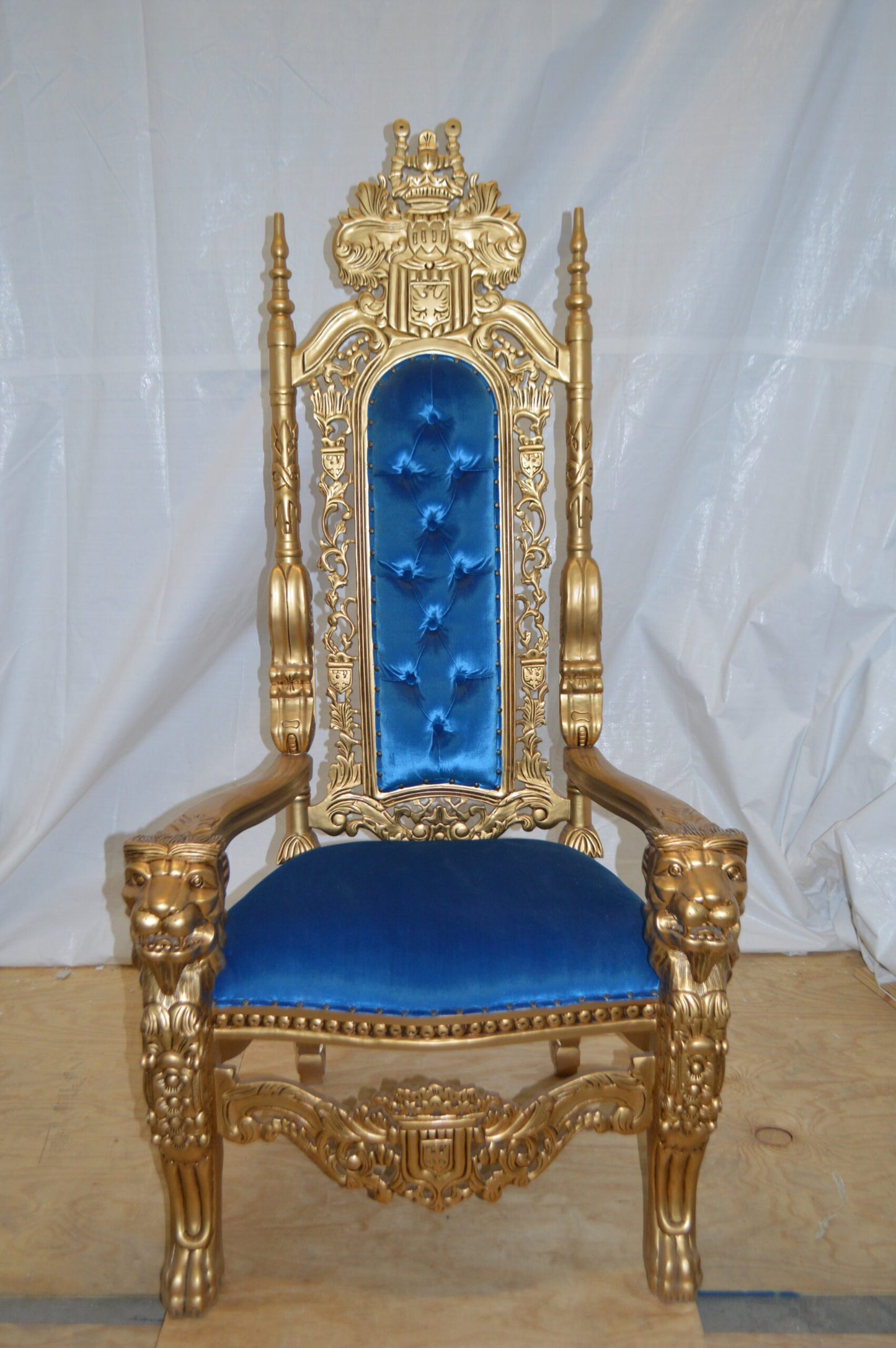 Gold and Blue Lion Chair - Size: 26"L x 36"W x 71"H.