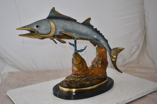Wahoo Fish Grey Finish Swimming in The Ocean Bronze Statue Size 17" x 25" x 19"H