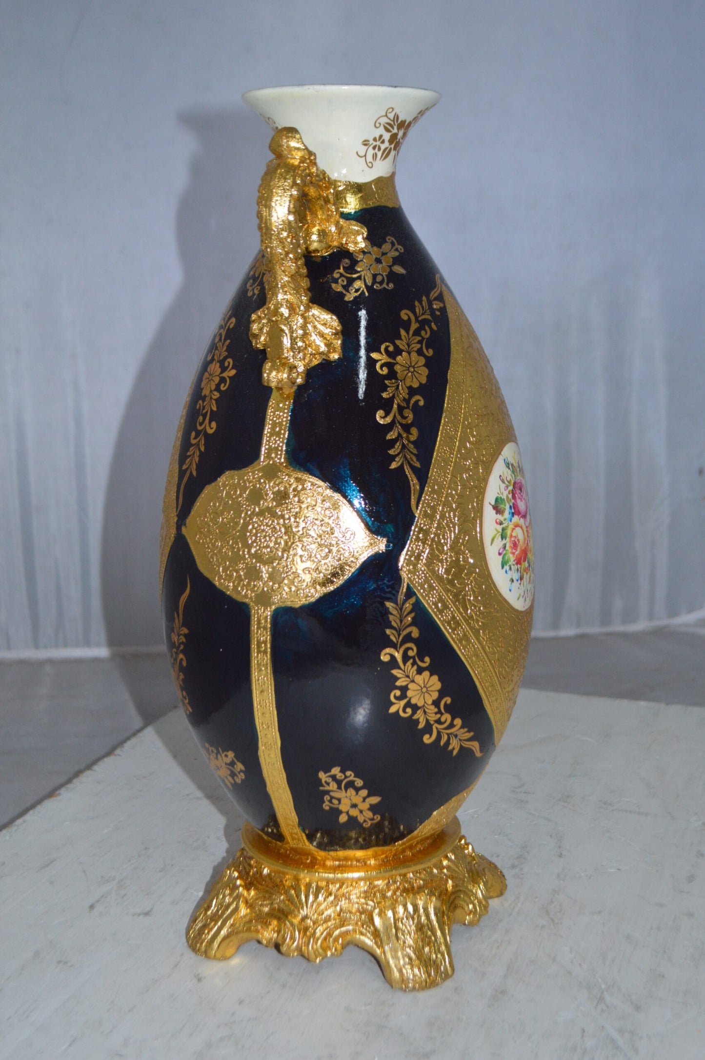 Decoration Vase 18" H Blue and Gold - Size: 7"L x 9"W x 18"H.