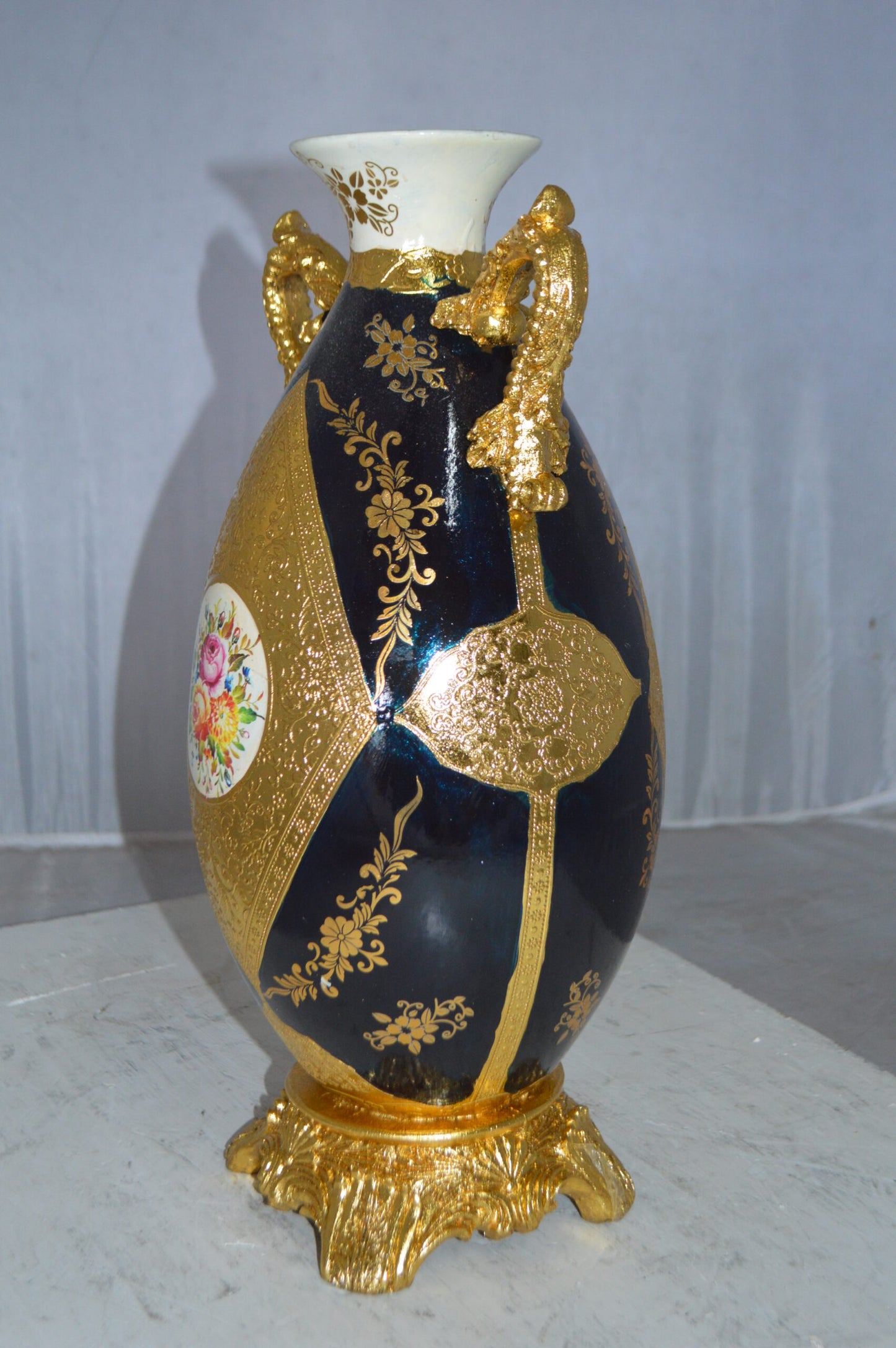 Decoration Vase 18" H Blue and Gold - Size: 7"L x 9"W x 18"H.