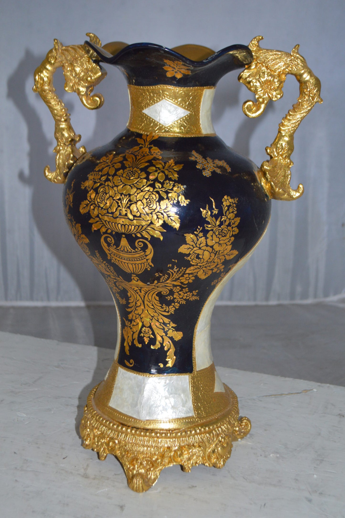 Decoration Vase 18" H Blue White and Gold - Size: 7"L x 12"W x 18"H.