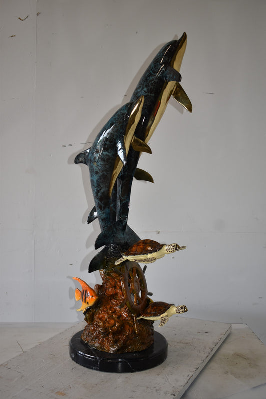 Three Dolphins Turtles and Boat Wheel Bronze Statue Size: 17" x 13" x 40"H