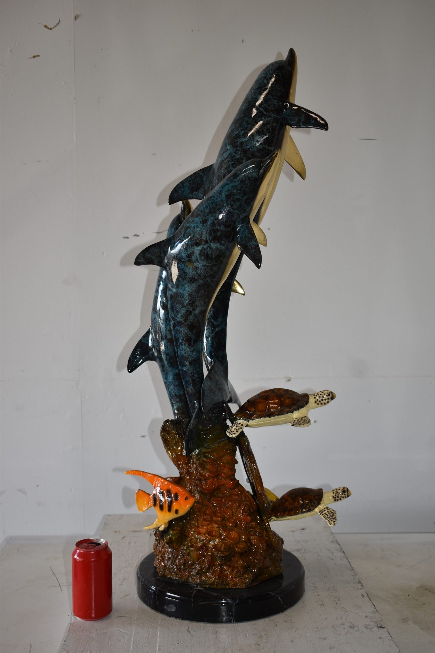 Three Dolphins Turtles and Boat Wheel Bronze Statue Size: 17" x 13" x 40"H