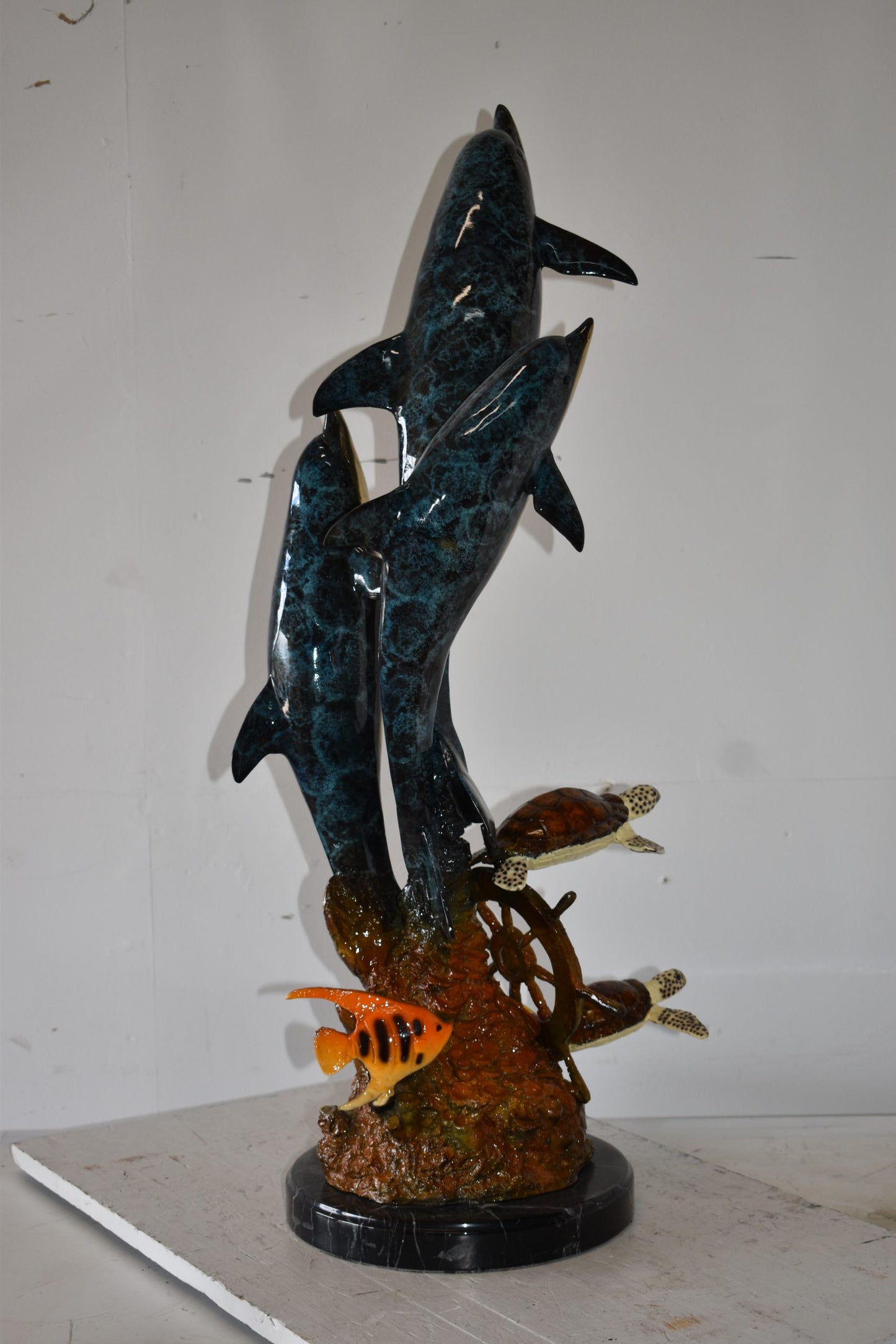 Three Dolphins Turtles and Boat Wheel Bronze Statue Size: 17" x 13" x 40"H