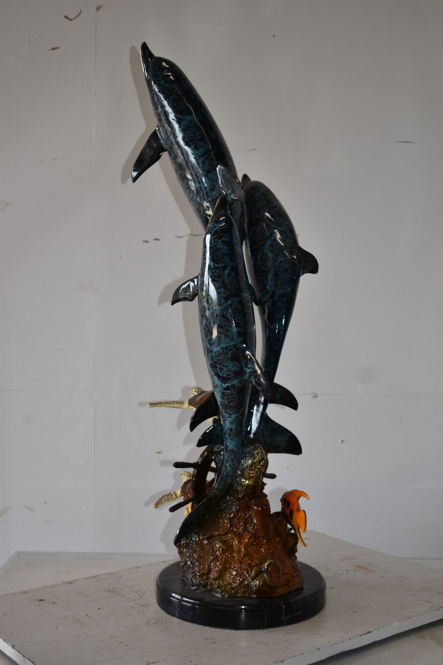 Three Dolphins Turtles and Boat Wheel Bronze Statue Size: 17" x 13" x 40"H