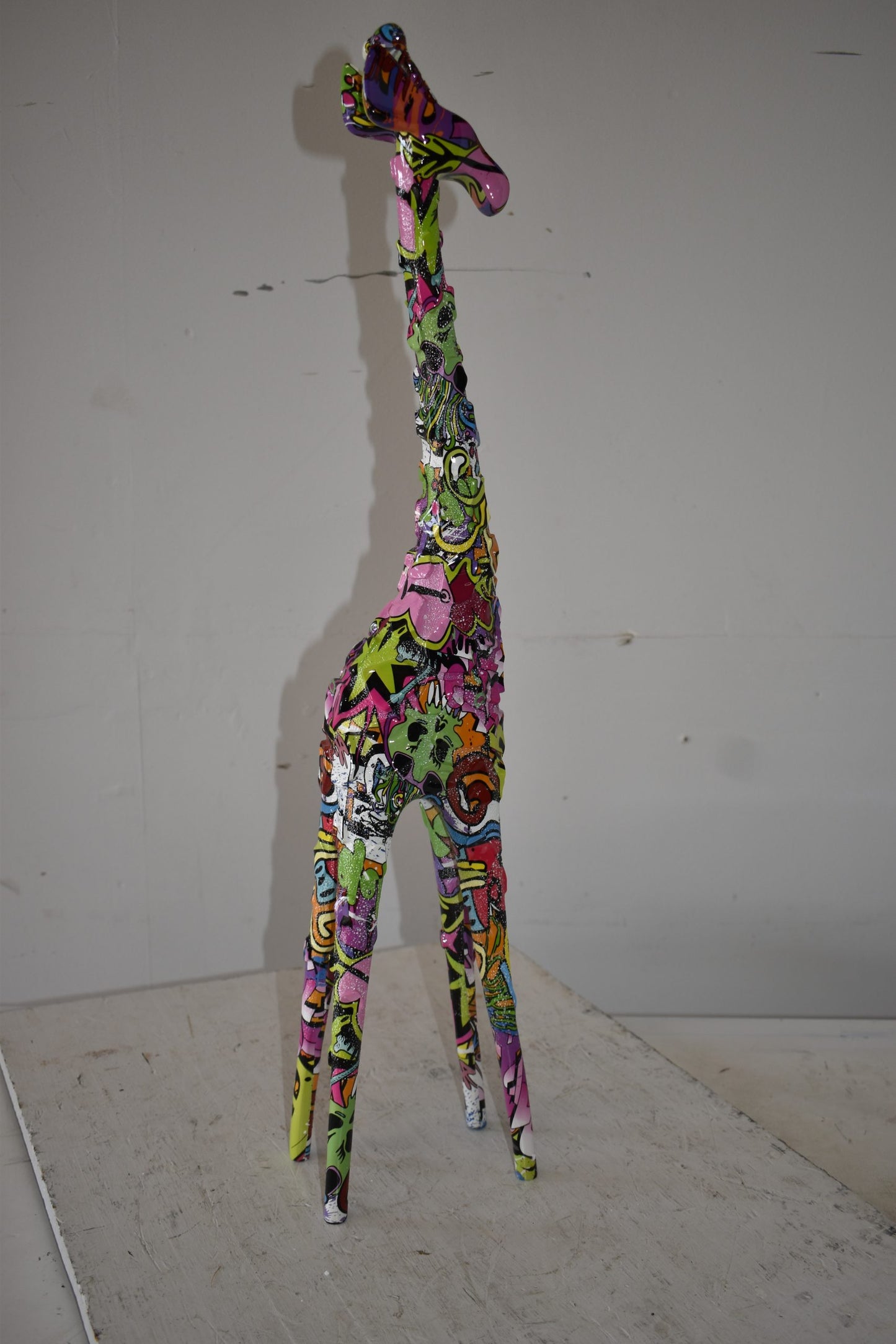 Modern Graffiti Giraffe Statue Made of Resin Size: 4" x 6" x 30"H