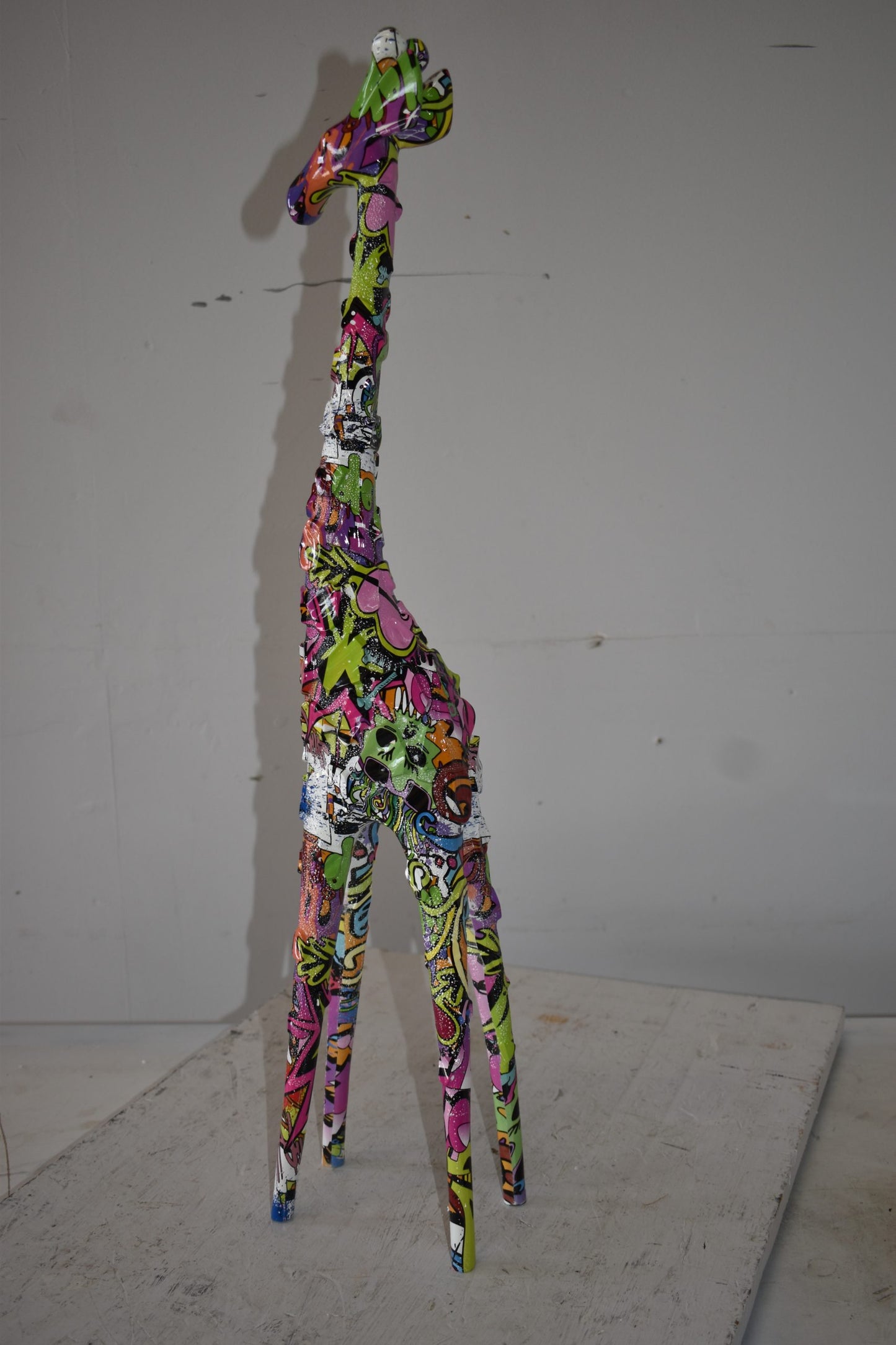Modern Graffiti Giraffe Statue Made of Resin Size: 4" x 6" x 30"H