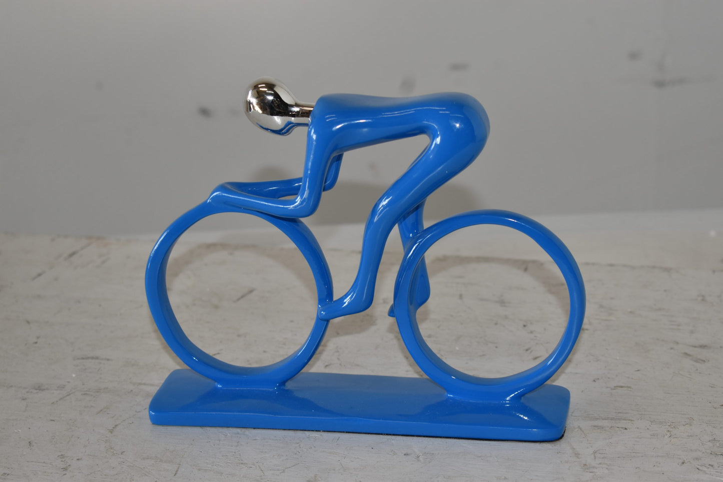 Modern Art Blue Chrome Rider on His Bicycle Resin Statue Size: 8" x 2" x 6"H