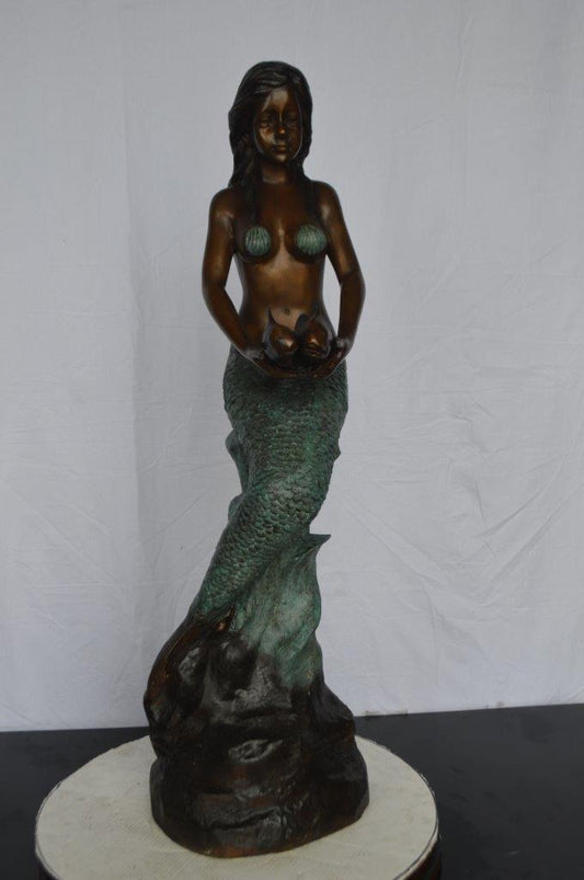 Mermaid Holding Two Fish Bronze Statue -  Size: 14"L x 14"W x 43"H.