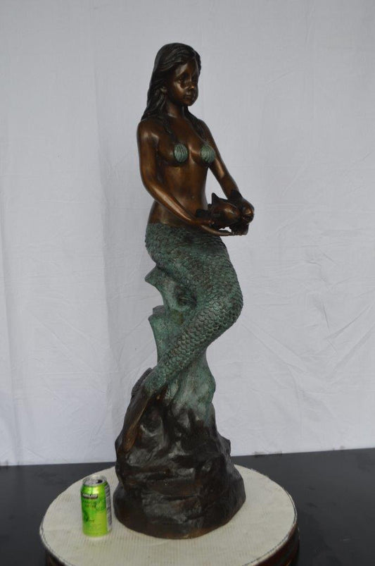 Mermaid Holding Two Fish Bronze Statue - Size: 14"L x 14"W x 43"H.
