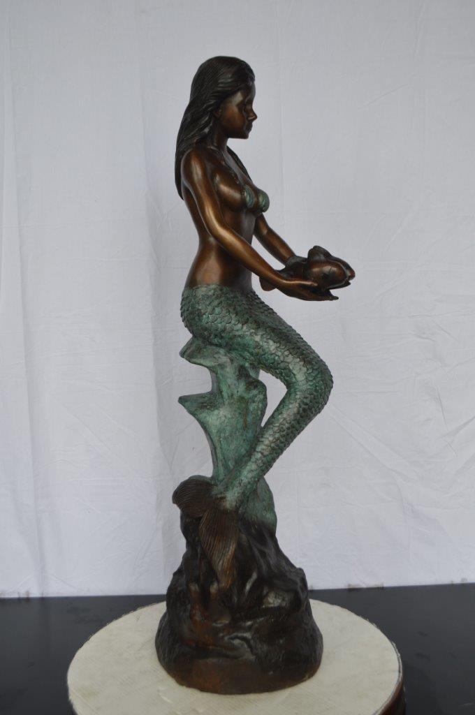 Mermaid Holding Two Fish Bronze Statue -  Size: 14"L x 14"W x 43"H.