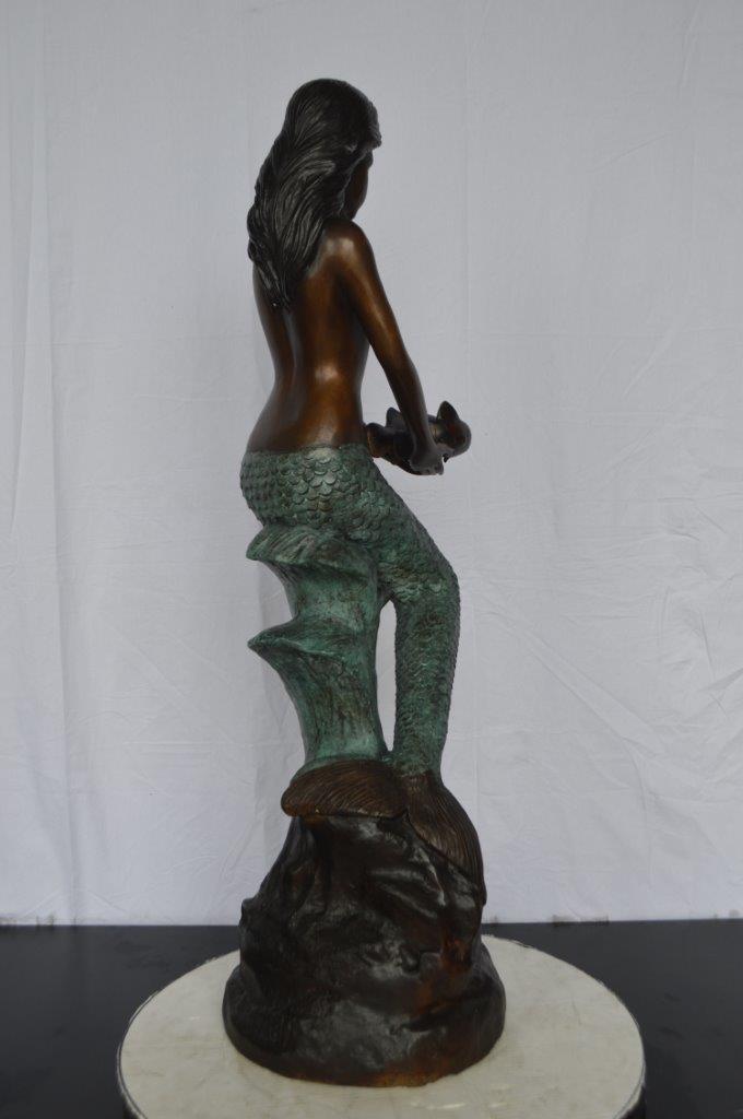Mermaid Holding Two Fish Bronze Statue - Size: 14"L x 14"W x 43"H.