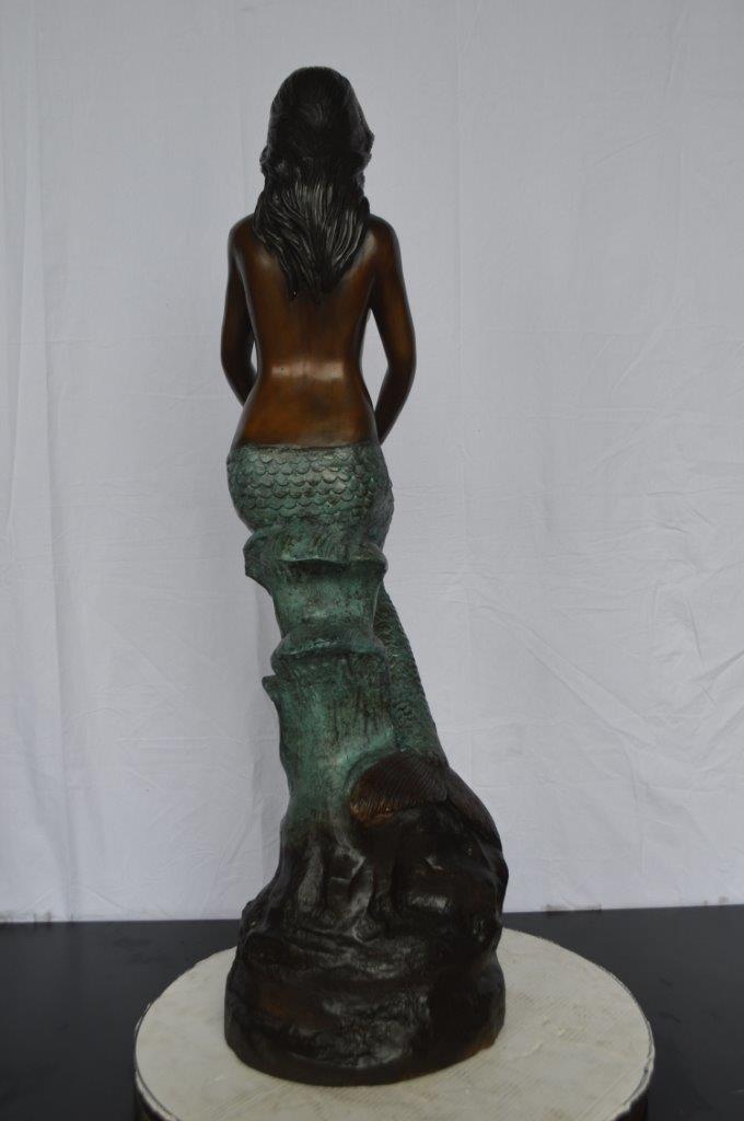 Mermaid Holding Two Fish Bronze Statue - Size: 14"L x 14"W x 43"H.