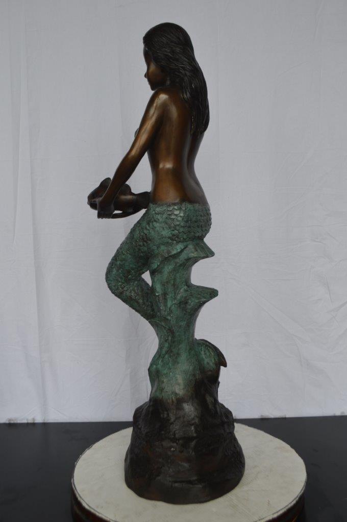 Mermaid Holding Two Fish Bronze Statue -  Size: 14"L x 14"W x 43"H.