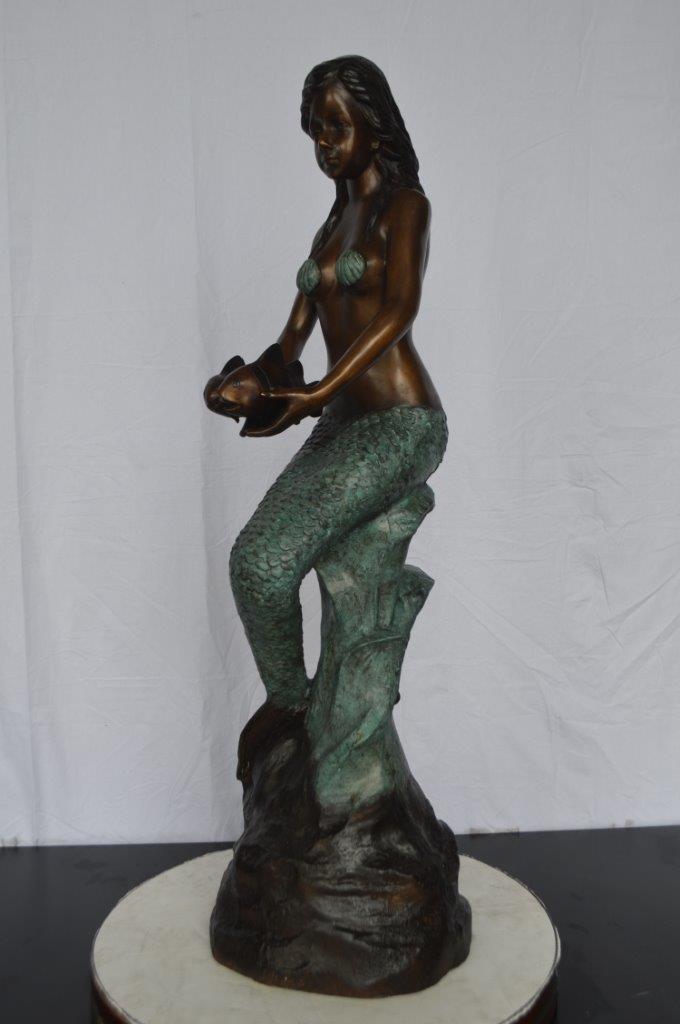 Mermaid Holding Two Fish Bronze Statue -  Size: 14"L x 14"W x 43"H.
