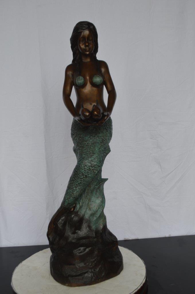Mermaid Holding Two Fish Bronze Statue - Size: 14"L x 14"W x 43"H.