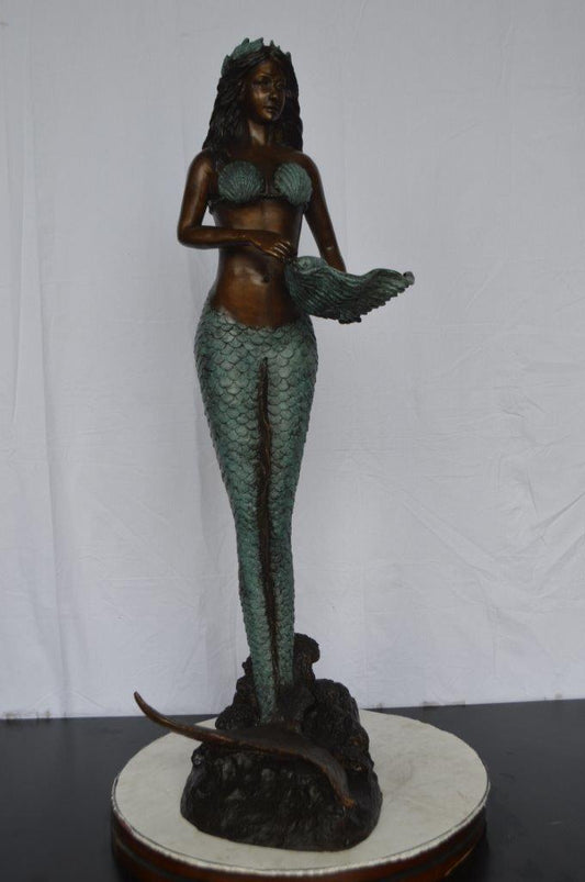 Mermaid Holding a Shell Bronze Fountain - Size: 18"L x 19"W x 46"H.