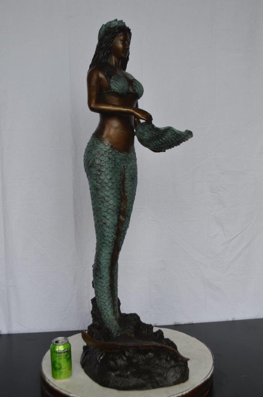 Mermaid Holding a Shell Bronze Fountain - Size: 18"L x 19"W x 46"H.