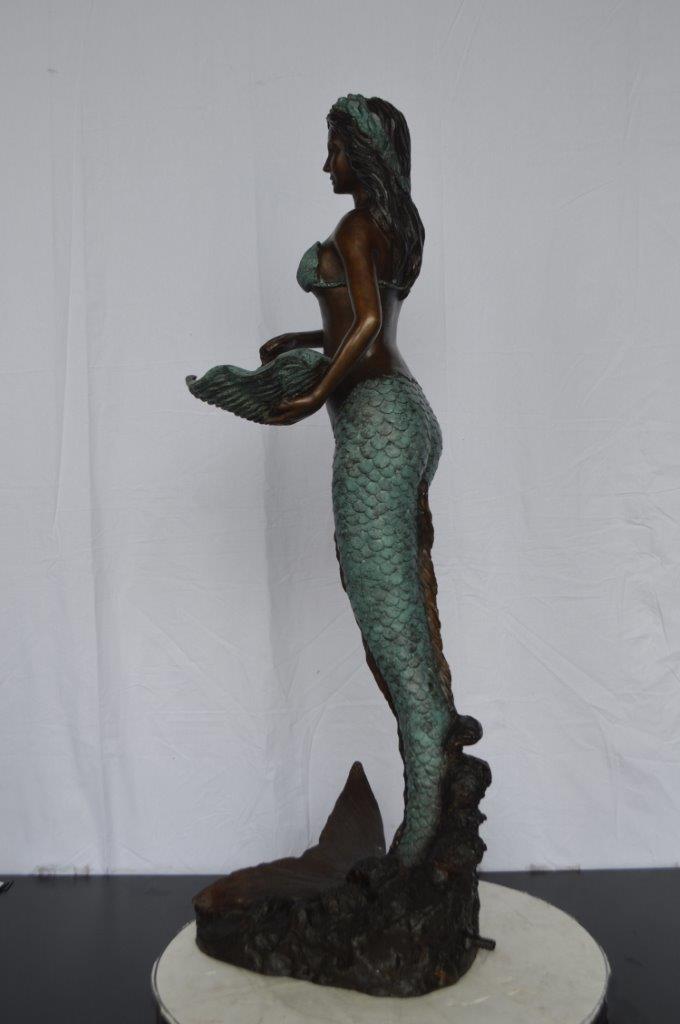 Mermaid Holding a Shell Bronze Fountain - Size: 18"L x 19"W x 46"H.