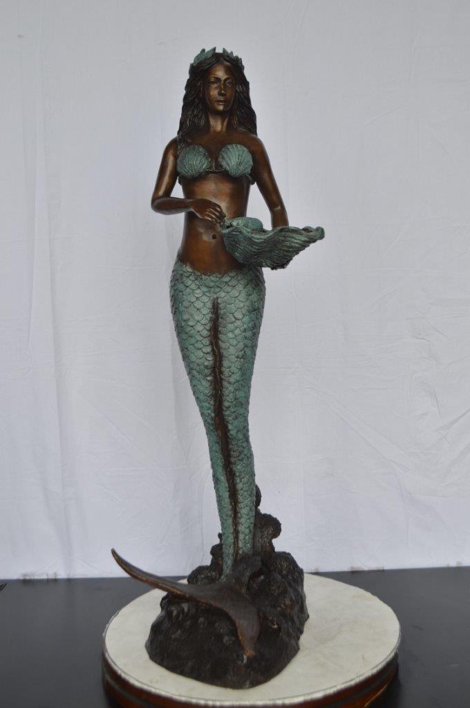 Mermaid Holding a Shell Bronze Fountain - Size: 18"L x 19"W x 46"H.