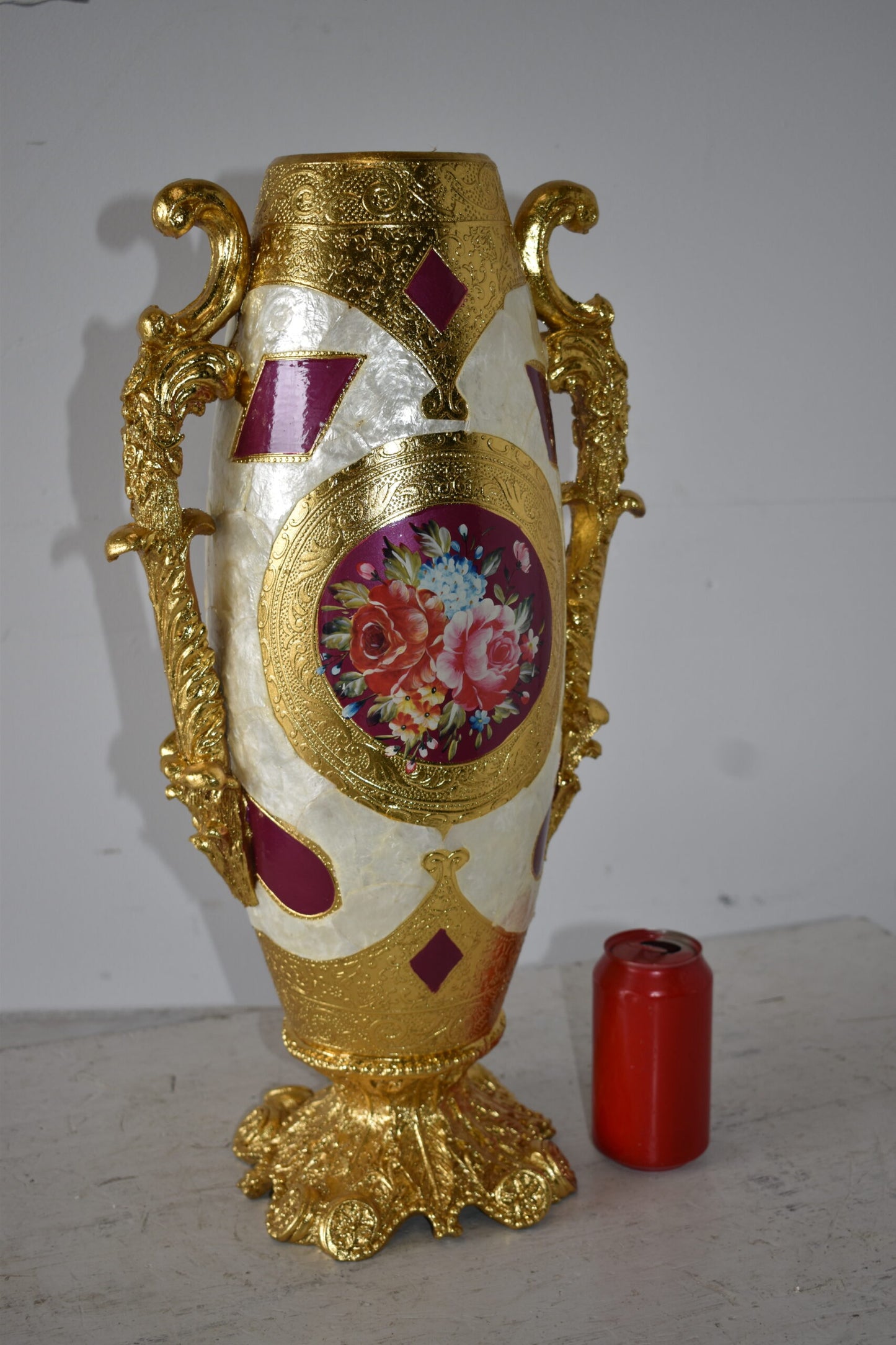 Gold and Flower Adorned Tall Resin Vase Size: 12" x 9" x 21"H