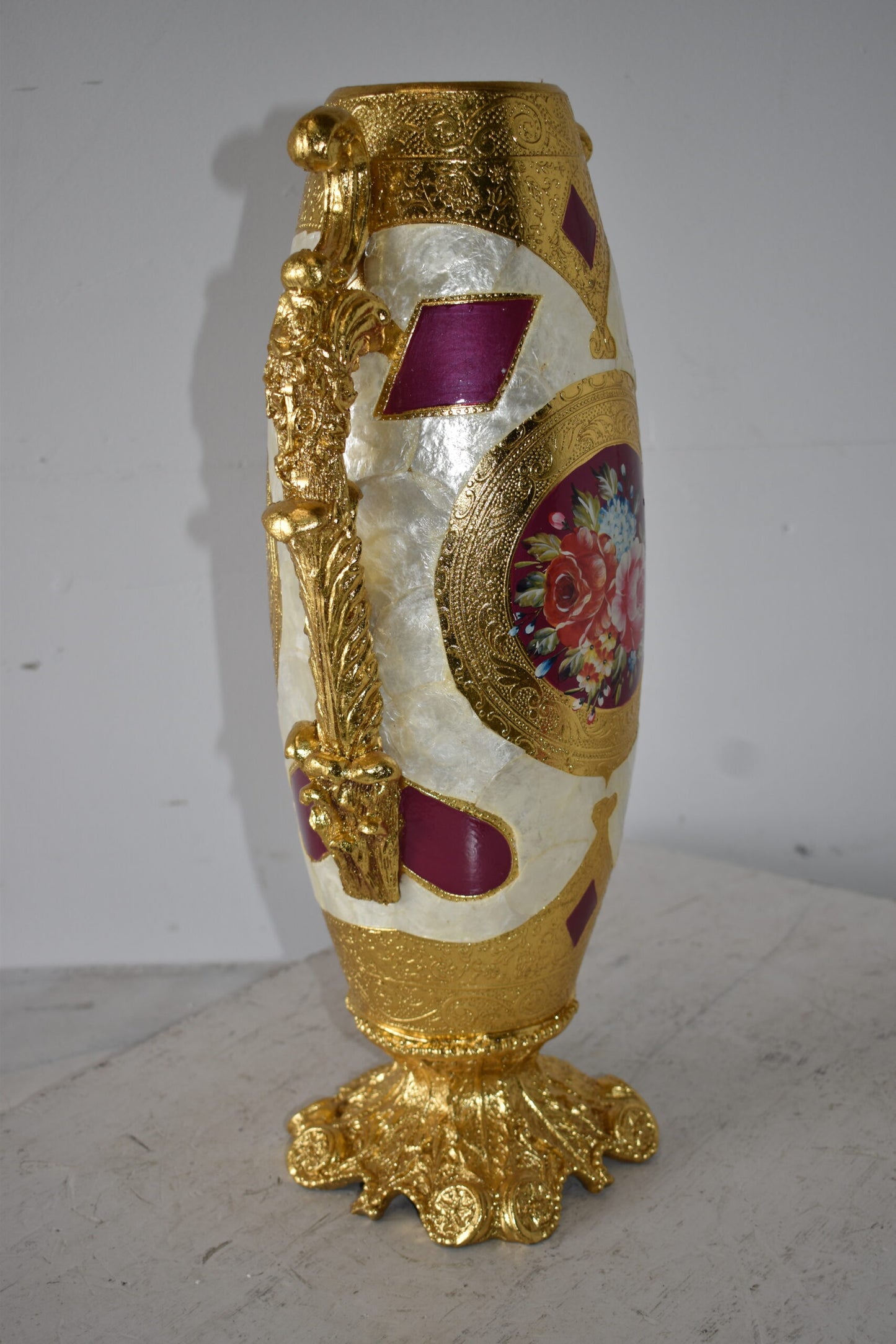 Gold and Flower Adorned Tall Resin Vase Size: 12" x 9" x 21"H