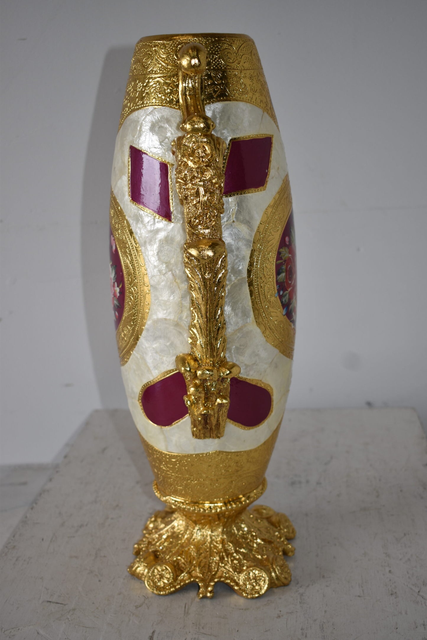 Gold and Flower Adorned Tall Resin Vase Size: 12" x 9" x 21"H