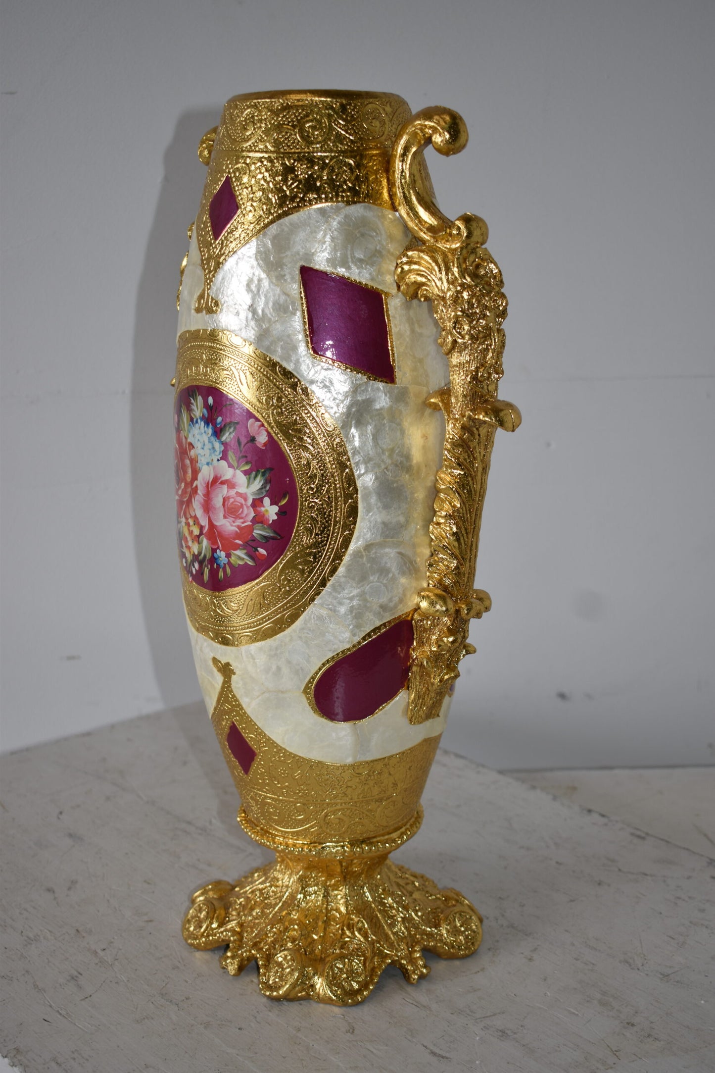 Gold and Flower Adorned Tall Resin Vase Size: 12" x 9" x 21"H